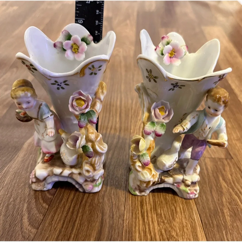 Vintage Porcelain Spill Vase Set‎ Boy Girl Figurine Hand Painted Floral Gold Rim